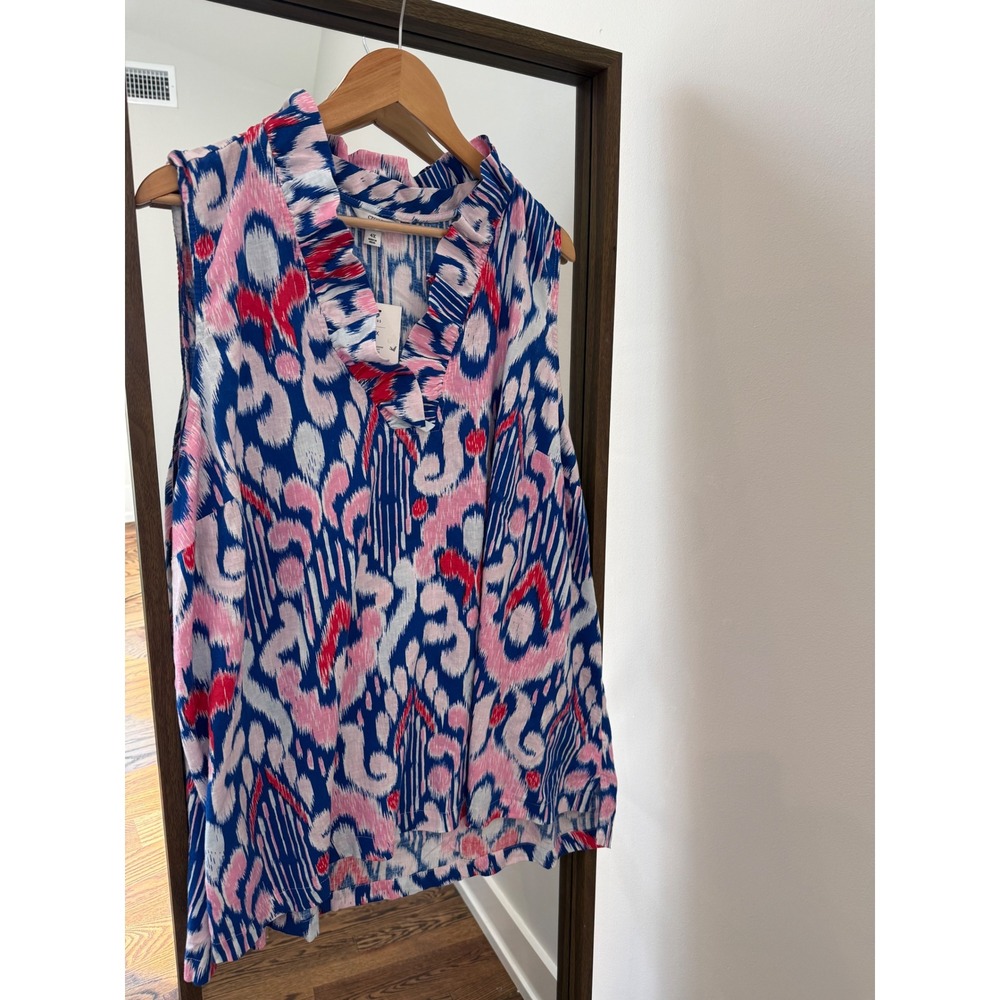 Crown & Ivy Womens 4X Blue Pink Ikat May Top Ruffle Neck Linen Blend Sleeveless